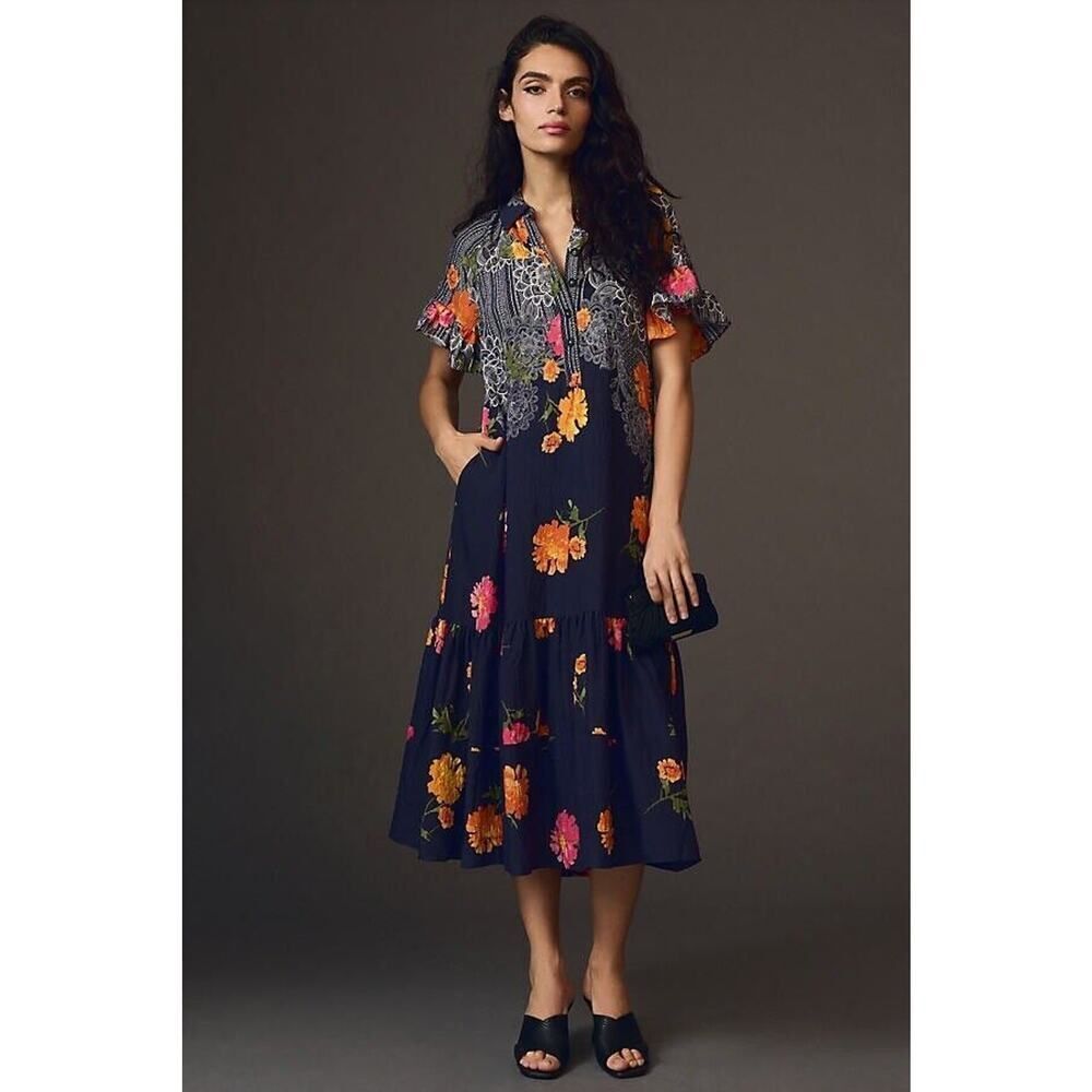 Anthropologie Ruffle-Sleeve Dress Size XSmall Midi Blue Floral